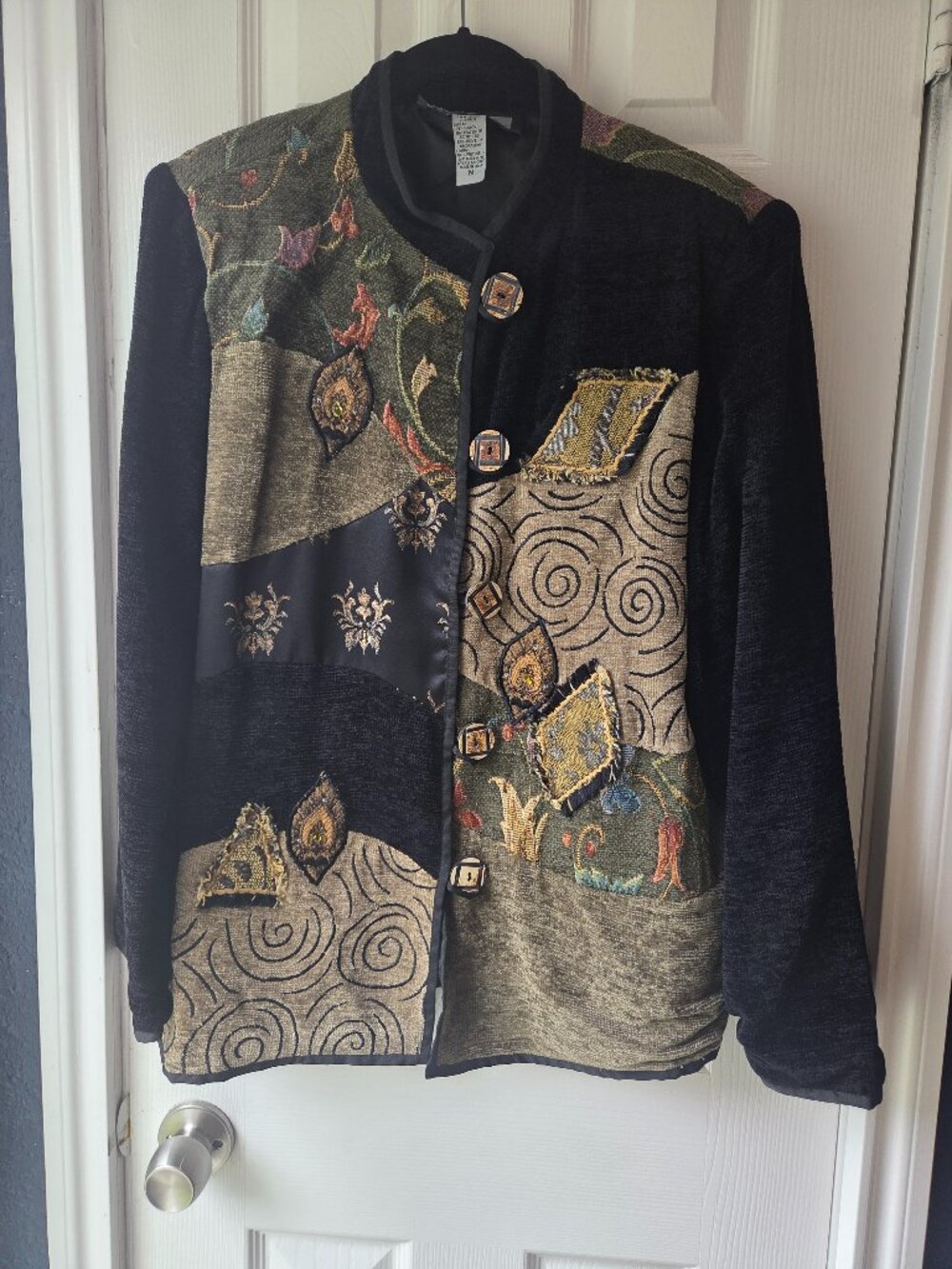 Indigo Moon Jacket Women's M Black Gold Button Up Embellished Tapestry Patchwork